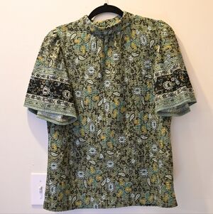Green Floral Paisley Patterned Mock Neck Top Wilderkind Nature Spring Earthy